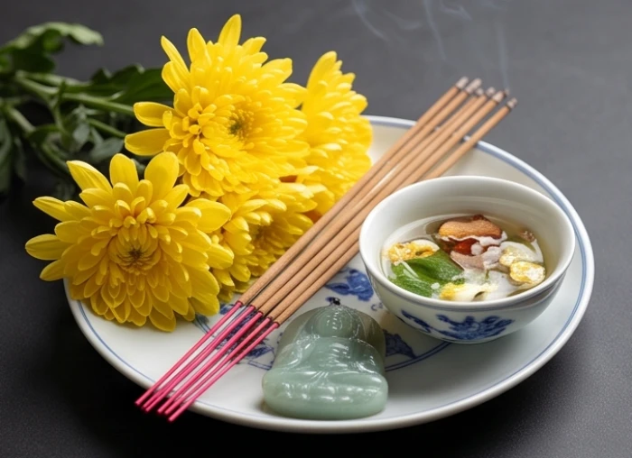 Mâm lễ hoa sen tươi nhang nến và chén nước ngũ vị hương để chuẩn bị khai quang mặt phật
