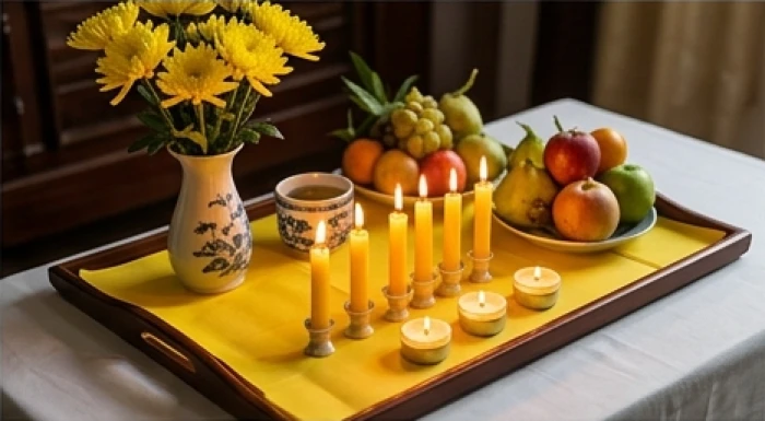 Mâm cúng nghênh sao Thái Âm với bảy ngọn nến và hoa cúc vàng lót giấy vàng cho nữ mạng Nhâm Thìn