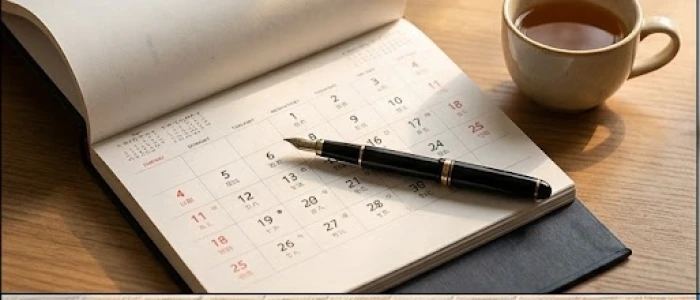 Quyển lịch để bàn mở ra các tháng giữa năm cùng một cây bút mực đánh dấu những ngày quan trọng