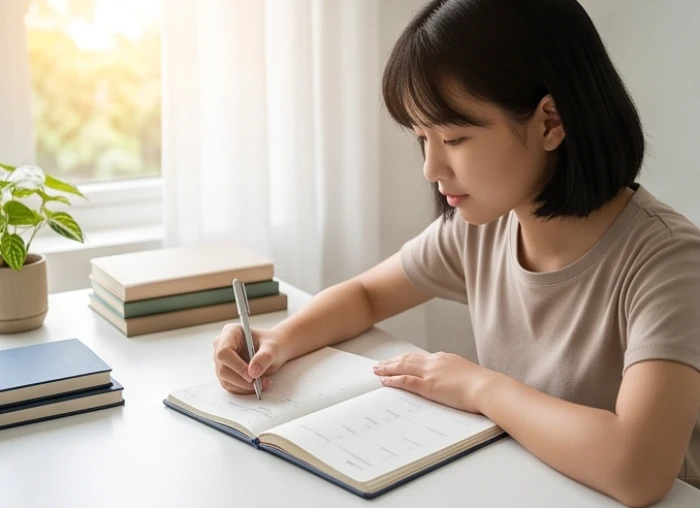 Nữ sinh tuổi Tân Mão hào hứng ghi chép kế hoạch ôn tập cường độ cao vào tháng vượng khí dưới sự chiếu mệnh cát tinh
