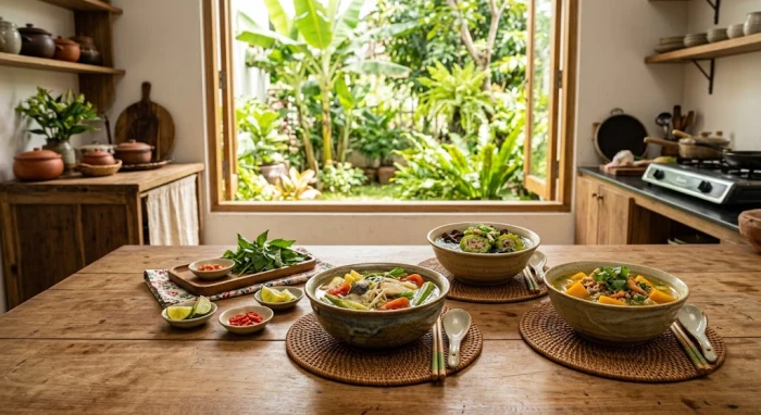 Bữa ăn gia đình thanh đạm được hâm nóng kỹ lưỡng và lối đi bộ êm ái trong vườn giúp bảo vệ sức khỏe tuổi Quý Mão