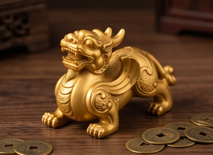 Tỳ Hưu mạ vàng đúc tinh xảo kèm đồng xu phong thủy dành cho người tuổi Thân nhằm thu hút dòng chảy tiền bạc