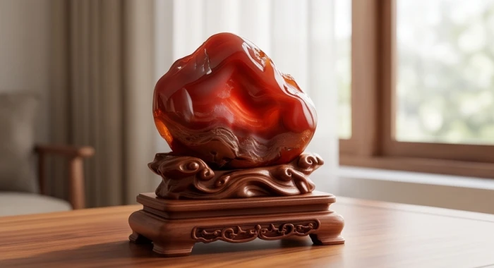 Tượng linh vật phong thủy chạm khắc từ đá mã não đỏ tự nhiên trên đế gỗ hương hợp mệnh Sơn Hạ Hỏa
