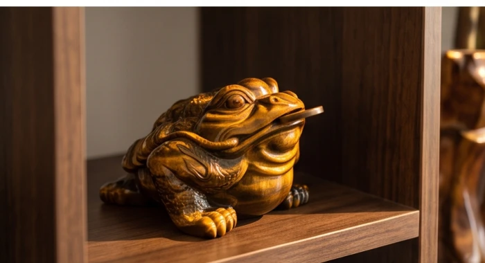 Tượng cóc thiềm thừ bằng đá mắt hổ vàng nâu mang nạp âm thổ sinh kim đặt trên kệ gỗ trong phòng làm việc