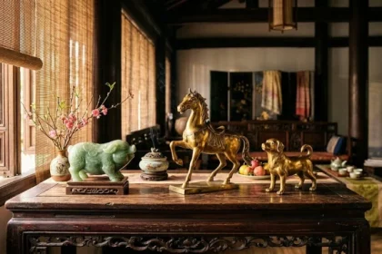 Bộ ba tượng ngựa, chó và heo vàng là linh vật phong thủy tuổi dần được bày trí tinh tế tại phòng khách