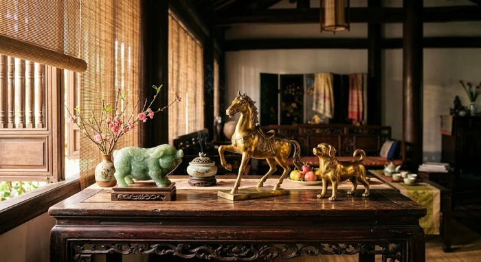 Bộ ba tượng ngựa, chó và heo vàng là linh vật phong thủy tuổi dần được bày trí tinh tế tại phòng khách