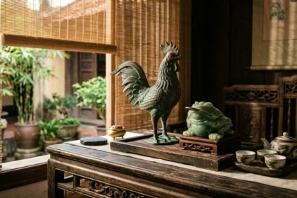 Bộ sưu tập linh vật phong thủy tuổi dậu bằng ngọc bích và đồng nguyên khối được bài trí tinh tế trên bàn gỗ sưa