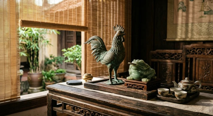 Bộ sưu tập linh vật phong thủy tuổi dậu bằng ngọc bích và đồng nguyên khối được bài trí tinh tế trên bàn gỗ sưa