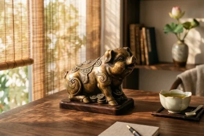 Bộ tượng linh vật phong thủy tuổi hợi bằng đồng nguyên khối đặt trên bàn làm việc bằng gỗ