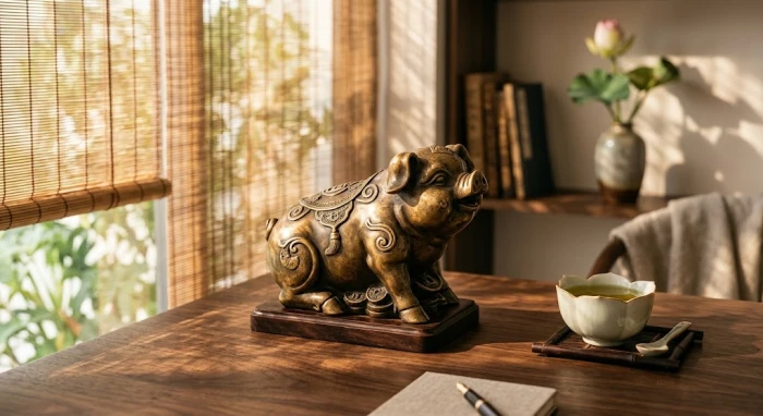 Bộ tượng linh vật phong thủy tuổi hợi bằng đồng nguyên khối đặt trên bàn làm việc bằng gỗ