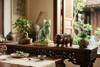 Tượng heo và mèo thần tài làm linh vật phong thủy tuổi mão đặt trên bàn làm việc gỗ tự nhiên
