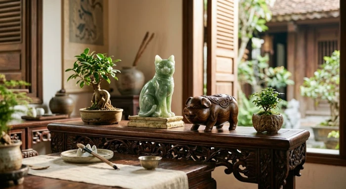 Tượng heo và mèo thần tài làm linh vật phong thủy tuổi mão đặt trên bàn làm việc gỗ tự nhiên