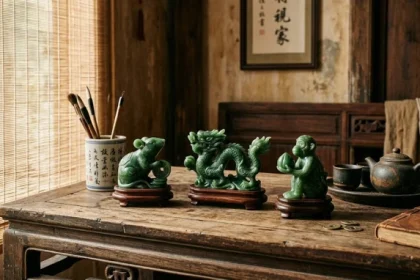 Bộ tượng linh vật phong thủy tuổi thân gồm chuột và rồng bằng ngọc bích trên bàn làm việc gỗ