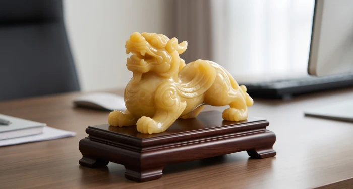 Tượng Tỳ Hưu bằng ngọc hoàng long được đặt trang trọng trên bàn làm việc để thu hút tài lộc cho gia chủ tuổi Thân