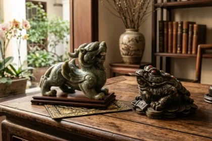 Bộ tượng linh vật phong thủy tuổi thìn bằng đá thạch anh đẹp mắt trên bàn làm việc