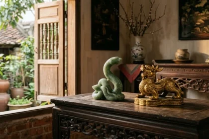 Bộ sưu tập linh vật phong thủy tuổi tỵ bao gồm tượng rắn và tỳ hưu bằng ngọc bích đặt trên bàn gỗ truyền thống