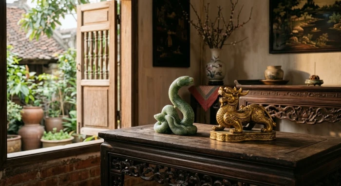 Bộ sưu tập linh vật phong thủy tuổi tỵ bao gồm tượng rắn và tỳ hưu bằng ngọc bích đặt trên bàn gỗ truyền thống