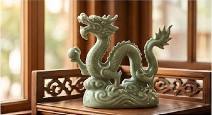 Tượng rồng cuộn mình vươn lên uy dũng bằng gốm sứ tráng men ngọc bích đặt trên kệ trang trí