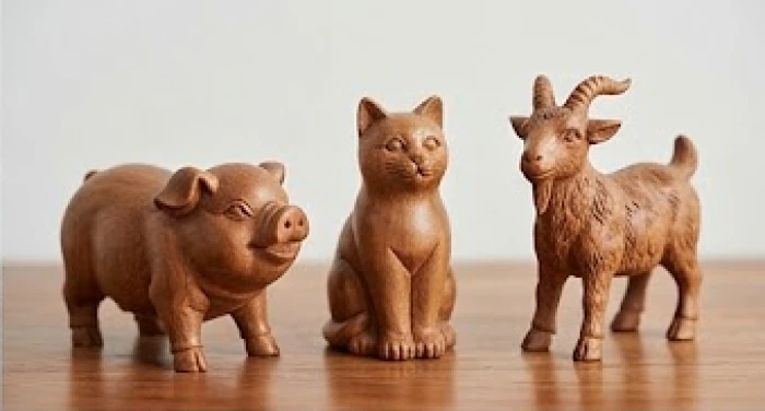 Ba bức tượng linh vật Hợi, Mão và Mùi được chạm khắc tinh xảo đặt cạnh nhau trên mặt bàn trà gỗ
