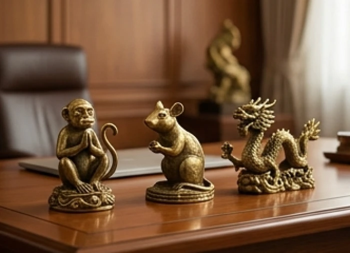 Bộ ba tượng linh vật khỉ chuột và rồng được đúc bằng đồng thau đặt trang trọng trên bàn làm việc
