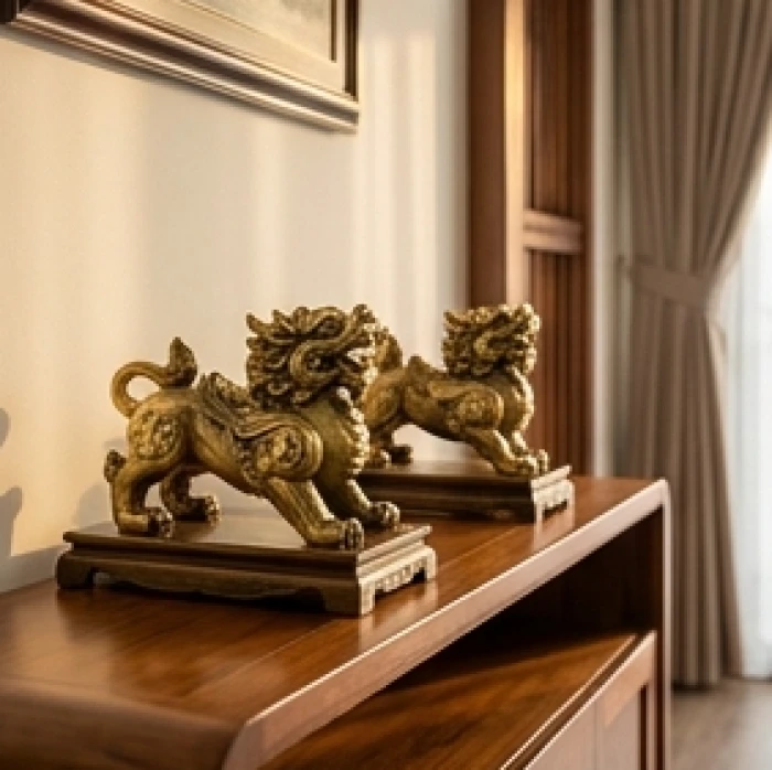 Cặp linh vật Tỳ Hưu bằng đồng đúc tinh xảo đặt trang trọng trong phòng khách để hóa giải sát khí