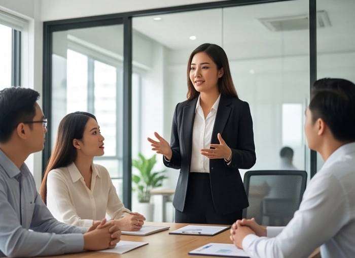 Trưởng nhóm tuổi ất hợi thuyết trình kế hoạch dự án trước nhóm nhân viên trẻ trong phòng họp