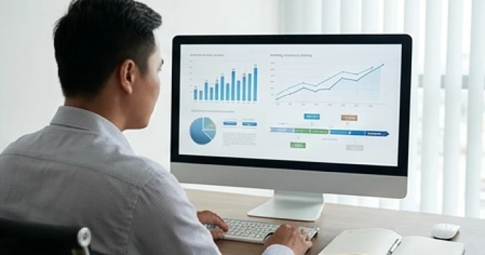 Chuyên gia lập kế hoạch tuổi dần theo dõi biểu đồ tăng trưởng tại không gian làm việc chuyên nghiệp