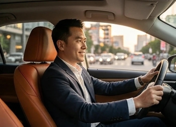 Doanh nhân tuổi Dần lái chiếc xe ô tô màu tương sinh với tinh thần phấn chấn và sự tự tin trên đường phố