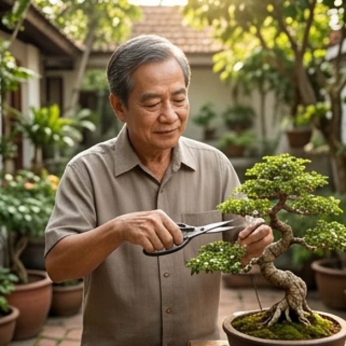 Người cao tuổi sinh năm 1961 thảnh thơi chăm sóc cây cảnh trong sân vườn nhà thanh bình