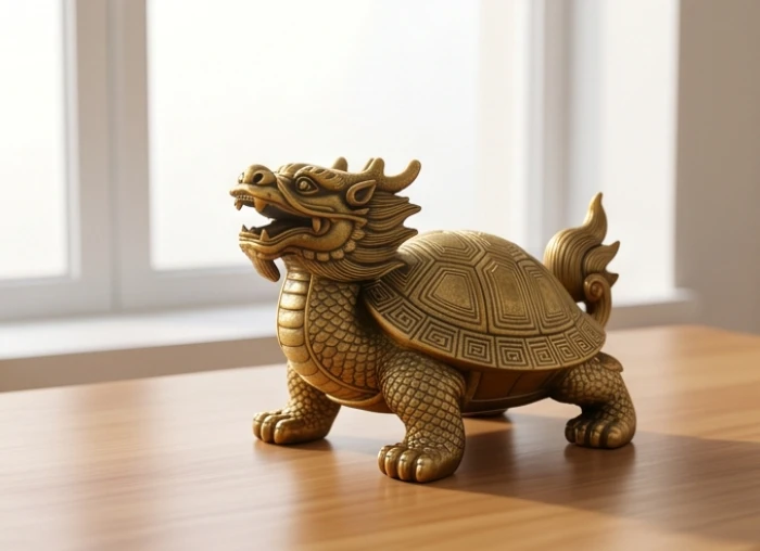 Tượng linh vật Long Quy bằng đồng thau đặt trên bàn làm việc hướng ra cửa sổ đón sáng