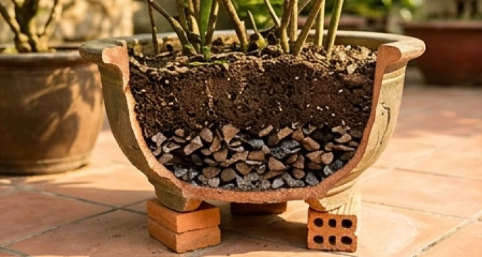 Mặt cắt dưới chậu gốm kê trên viên gạch thẻ với lớp lót xỉ than đập dập giúp tản nhiệt nền sân
