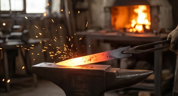 Người thợ đang dùng sức nóng của ngọn lửa lò để rèn giũa một thanh gươm kim loại sắc bén.