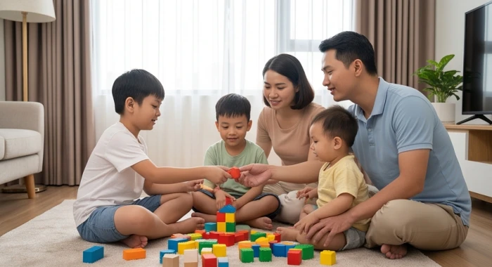 Cha mẹ nhẹ nhàng hướng dẫn hai bé Đinh Dậu 2017 và tuổi Tuất chia sẻ đồ chơi để gắn bó hòa thuận