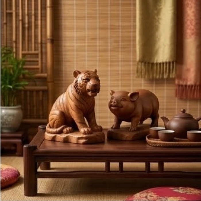 Hai bức tượng linh vật heo và hổ đặt cạnh nhau thể hiện mối quan hệ Lục hợp tương trợ tốt đẹp