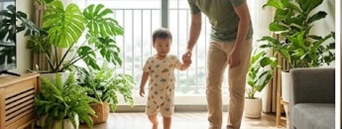 Người bố kiên định dắt tay con nhỏ dạo bước ngoài ban công ngập nắng mang lại cảm giác an tâm che chở