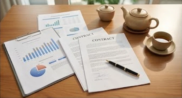 Bàn làm việc với hồ sơ tài chính và hợp đồng đối ngoại thể hiện sự gắn kết giữa Mão và Tuất