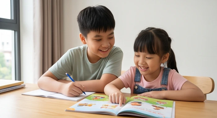 Hai anh em tuổi Thìn và Đinh Dậu 2017 tự tin thảo luận bài tập nhóm tại bàn học gia đình