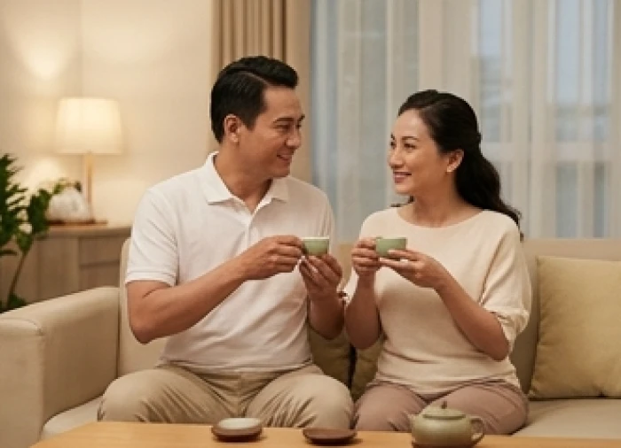 Cặp đôi vợ chồng Thìn Dậu cùng nhau thưởng thức trà tối trong không gian phòng khách gia đình ấm cúng