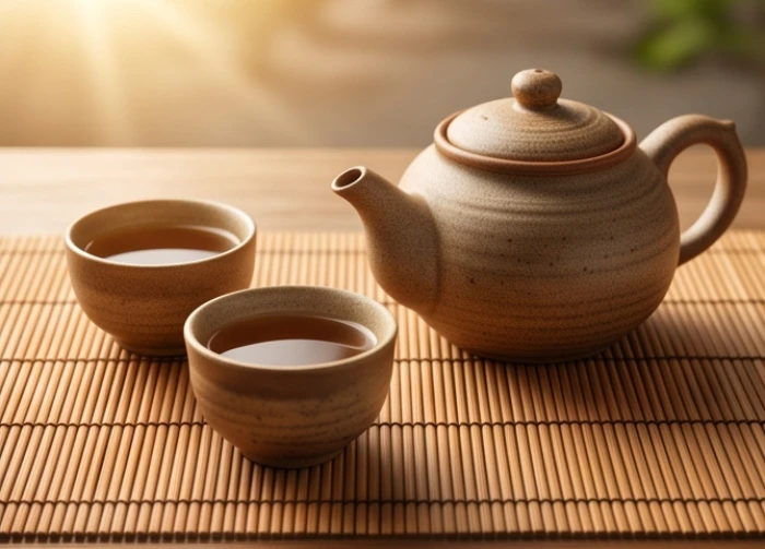 Bộ ấm trà gốm sứ truyền thống với hai chiếc chén đặt đối xứng trên chiếc bàn gỗ mộc mạc