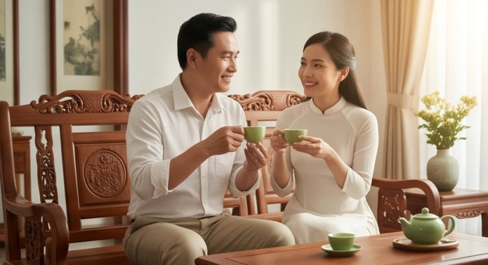 Vợ chồng hợp tuổi Dần và Hợi trò chuyện ấm áp trong phòng trà truyền thống thể hiện rõ tuổi dần hợp tuổi nào