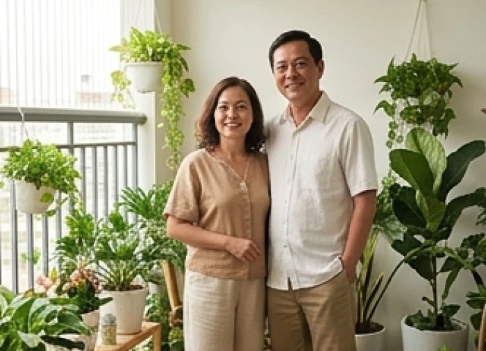 Vợ chồng tuổi Hợi và tuổi Dần hòa thuận bên góc cây xanh trong nhà thể hiện sự bù trừ hoàn hảo về mặt tính cách