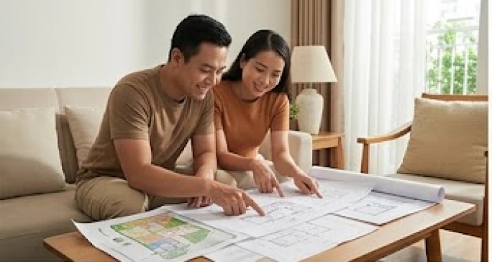 Vợ chồng tuổi mão và tuổi tuất cùng xem bản đồ quy hoạch đất đai trong không gian phòng khách ấm cúng