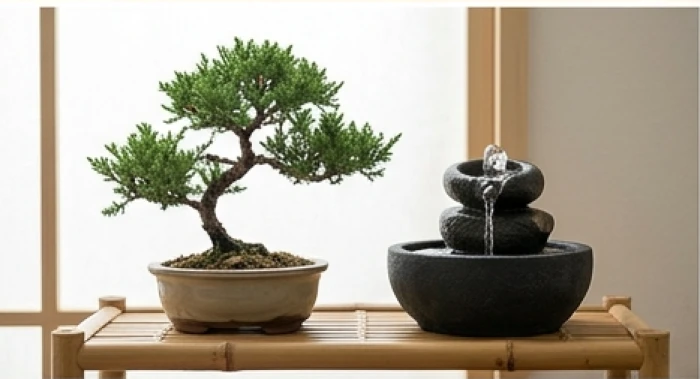 Cây cảnh nhỏ đặt cạnh đài phun nước mini thể hiện sự khắc chế ngầm trong nhóm địa chi Tứ sinh