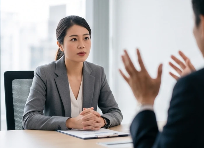 Một người phụ nữ đan tay vào nhau và giữ thái độ trung lập khi đối tác đang tranh luận gay gắt