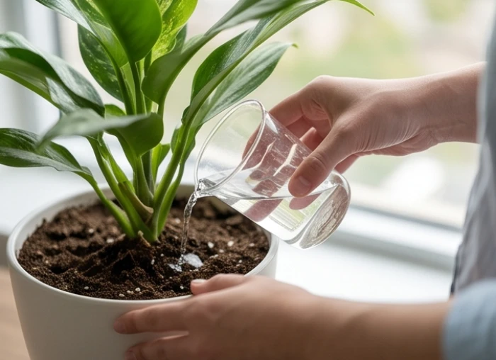Thao tác dùng cốc đếm vạch định lượng tưới nước quanh gốc chậu cây Phong Lộc trong môi trường văn phòng điều hòa