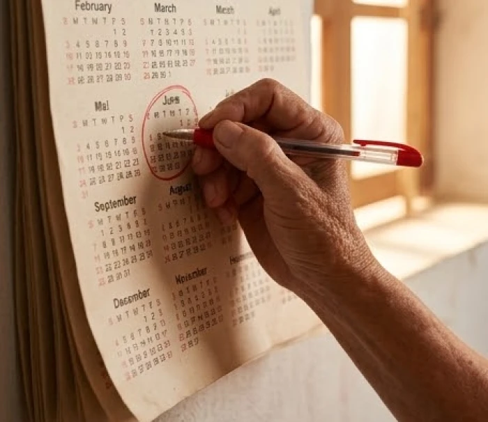 Bàn tay người lớn tuổi dùng bút đỏ khoanh tròn các tháng kỵ trên cuốn lịch treo tường truyền thống