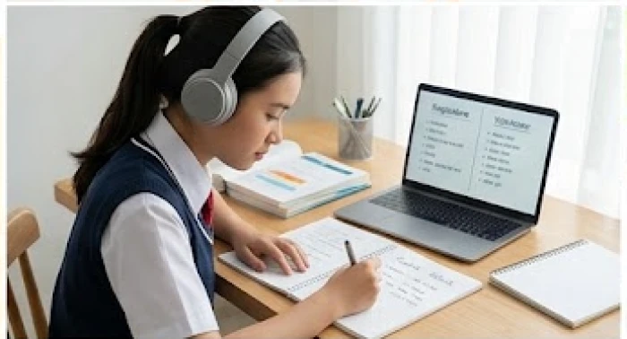 Học sinh tuổi Canh Dần đeo tai nghe luyện kỹ năng nghe nói tiếng Anh để chuẩn bị cho tổ hợp khối D