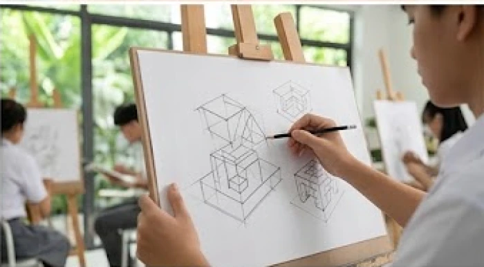 Học sinh thực hành phác thảo hình khối kiến trúc trong lớp học vẽ cơ bản chuẩn bị cho khối năng khiếu