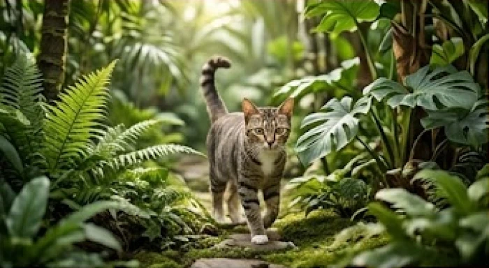 Chú mèo mướp đang thong thả dạo bước trong một khu vườn rậm rạp mang đặc trưng của vùng nhiệt đới gió mùa