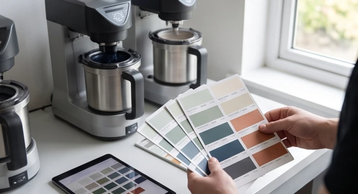 Kỹ thuật viên nhập mã màu Hex kỹ thuật số vào máy pha tinh màu tự động tại đại lý sơn nội thất